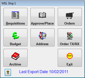 Marine Purchasing System main menu screen